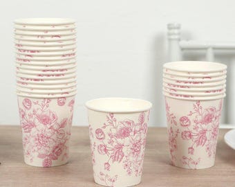 French Toile Disposable Paper Cups | 24-Pack 9oz Gold Rim Party Cups
