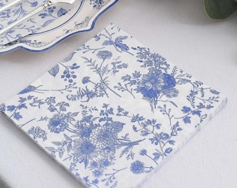 Elegant Disposable Dinner Cocktail Napkins – Blue Floral French Toile Design Set of 25