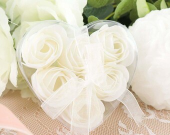 White Scented Rose Soap Favors | 4-Pack Heart Gift Boxes with Ribbon