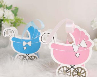 Baby Stroller Favor Boxes - 25 Pack Cardstock Candy Boxes with Ribbons