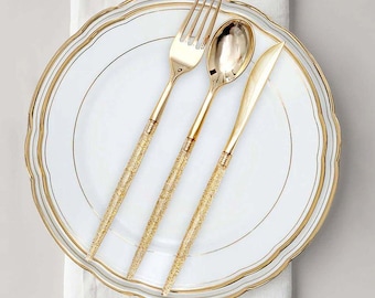 Gold Glitter Plastic Cutlery Set – 24-Piece Elegant Disposable Utensils