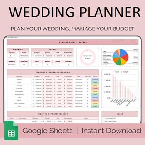 Puede incluir: Una plantilla digital de planificador de bodas en la pantalla de una tableta. El texto "WEDDING PLANNER" y "PLAN YOUR WEDDING, MANAGE YOUR BUDGET" se muestran en la parte superior. La plantilla incluye secciones para planificación, seguimiento del presupuesto y desglose de gastos. El icono de Google Sheets es visible.