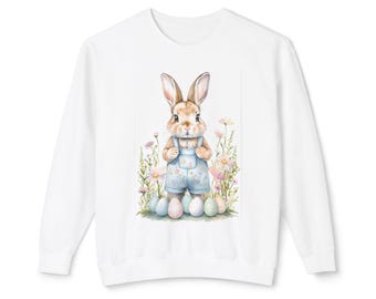 Easter Bunny in Overalls Sweatshirt | Pastel Eggs & Wildflowers