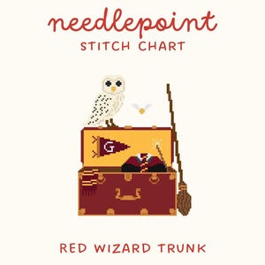Peut inclure: Un diagramme de point de canevas intitulé "needlepoint STITCH CHART" et "RED WIZARD TRUNK" avec une illustration en pixel art d'une malle rouge contenant un pull bordeaux, une écharpe rayée, un fanion avec un G, une baguette, un hibou et un balai.