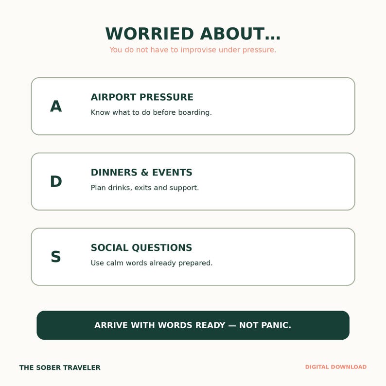 Puede incluir: Un documento digital titulado WORRIED ABOUT... con el subt&iacute;tulo You do not have to improvise under pressure. Enumera A para AIRPORT PRESSURE, D para DINNERS & EVENTS y S para SOCIAL QUESTIONS con consejos, terminando con ARRIVE WITH WORDS READY &mdash; NOT PANIC. y THE SOBER TRAVELER.