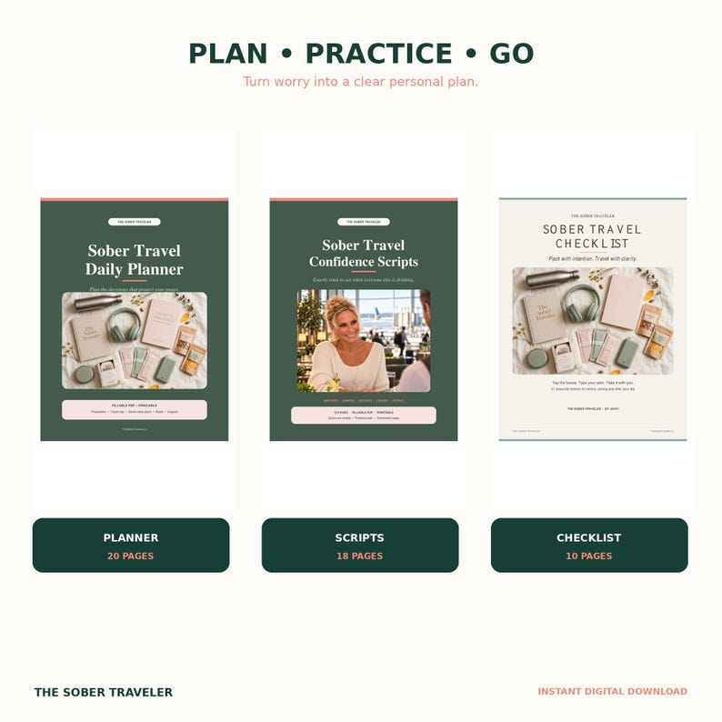 May include: A digital travel planning set titled The Sober Traveler, featuring a 20-page daily planner, 18-page confidence scripts, and a 10-page checklist. The documents include text, travel-themed photography, and a color palette of dark green and soft pink.