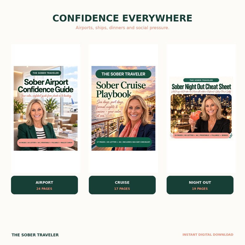 May include: Three digital guide covers titled Sober Airport Confidence Guide, Sober Cruise Playbook, and Sober Night Out Cheat Sheet. Each features a smiling person and descriptive text about sober travel, with page counts and format details listed below.