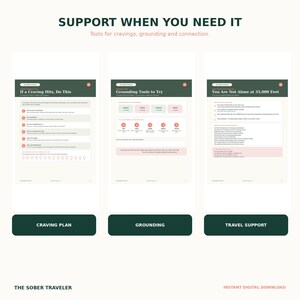 May include: Three digital pages titled Support When You Need It, featuring sections for a Craving Plan, Grounding Tools, and Travel Support. The pages include lists, checkboxes, and text instructions in dark green and light pink on a cream background.