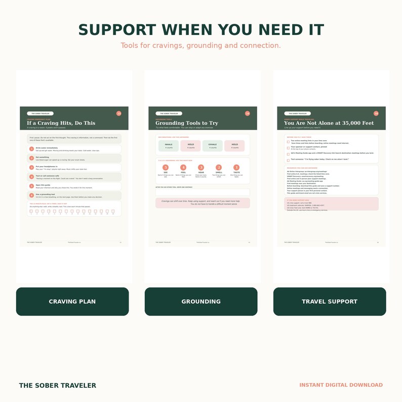 May include: Three digital pages titled Support When You Need It, featuring sections for a Craving Plan, Grounding Tools, and Travel Support. The pages include lists, checkboxes, and text instructions in dark green and light pink on a cream background.