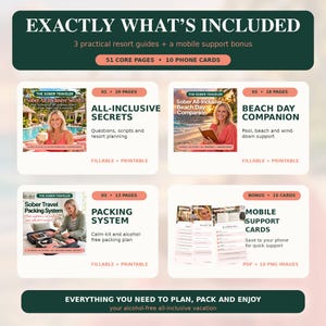 May include: A digital product bundle titled EXACTLY WHAT'S INCLUDED featuring three resort guides and mobile support cards. It includes All-Inclusive Secrets, Beach Day Companion, and Packing System, totaling 51 pages and 10 phone cards, all fillable and printable for alcohol-free vacation planning.