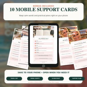 May include: A digital display of 10 mobile support cards featuring checklists and scripts for personal wellness. The screen shows a 10-minute reset guide with text, while surrounding cards display travel day tips and drink scripts on a white background.