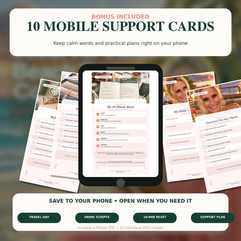 May include: A digital display of 10 mobile support cards featuring checklists and scripts for personal wellness. The screen shows a 10-minute reset guide with text, while surrounding cards display travel day tips and drink scripts on a white background.