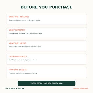 Puede incluir: Un gr&aacute;fico informativo titulado BEFORE YOU PURCHASE con cinco secciones que detallan el contenido del producto, incluyendo 3 gu&iacute;as, 61 p&aacute;ginas, 10 tarjetas m&oacute;viles, PDF rellenables e imprimibles, PNG para tel&eacute;fono y t&eacute;rminos de uso. TRAVEL WITH A PLAN. STAY TRUE TO YOU.