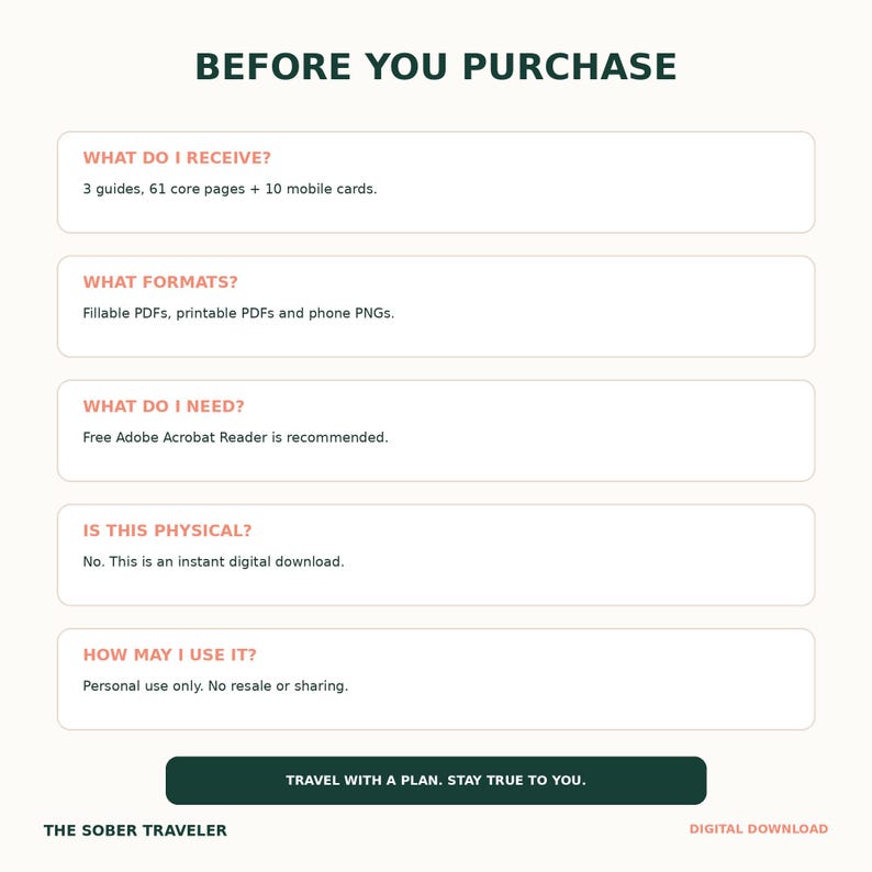 Puede incluir: Un gr&aacute;fico informativo titulado BEFORE YOU PURCHASE con cinco secciones que detallan el contenido del producto, incluyendo 3 gu&iacute;as, 61 p&aacute;ginas, 10 tarjetas m&oacute;viles, PDF rellenables e imprimibles, PNG para tel&eacute;fono y t&eacute;rminos de uso. TRAVEL WITH A PLAN. STAY TRUE TO YOU.
