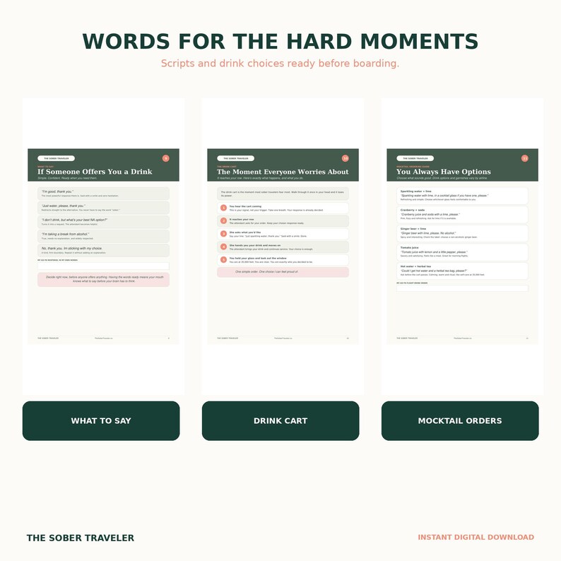 May include: Three digital pages titled Words for the Hard Moments, featuring scripts and drink choices for travelers. The pages include sections titled If Someone Offers You a Drink, The Moment Everyone Worries About, and You Always Have Options.