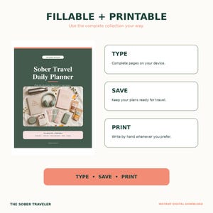 May include: A digital planner titled Sober Travel Daily Planner with a dark green background and peach accents. The image displays text including FILLABLE + PRINTABLE, TYPE, SAVE, PRINT, and lists features for travel planning and organization.