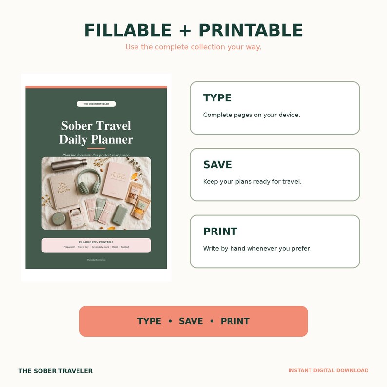 May include: A digital planner titled Sober Travel Daily Planner with a dark green background and peach accents. The image displays text including FILLABLE + PRINTABLE, TYPE, SAVE, PRINT, and lists features for travel planning and organization.