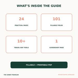 May include: A digital guide infographic titled WHAT'S INSIDE THE GUIDE. It lists 24 PRACTICAL PAGES, 101 FILLABLE FIELDS, 10+ TRAVEL-DAY TOOLS, and 1 SCREENSHOT PAGE in four boxes. A dark green button reads FILLABLE + PRINTABLE PDF.