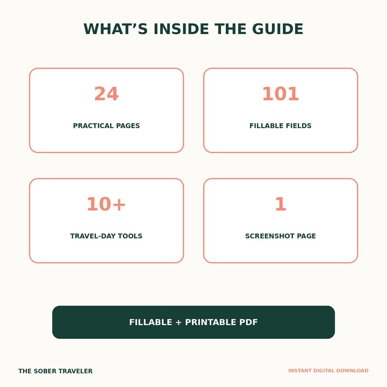 May include: A digital guide infographic titled WHAT'S INSIDE THE GUIDE. It lists 24 PRACTICAL PAGES, 101 FILLABLE FIELDS, 10+ TRAVEL-DAY TOOLS, and 1 SCREENSHOT PAGE in four boxes. A dark green button reads FILLABLE + PRINTABLE PDF.