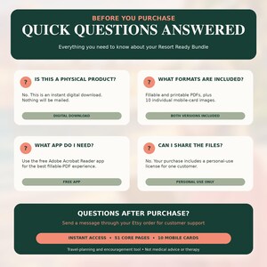 May include: An informational graphic with a dark green header reading BEFORE YOU PURCHASE QUICK QUESTIONS ANSWERED. It contains four white boxes with FAQs about a digital download, PDF formats, Adobe Acrobat, and personal use licensing.