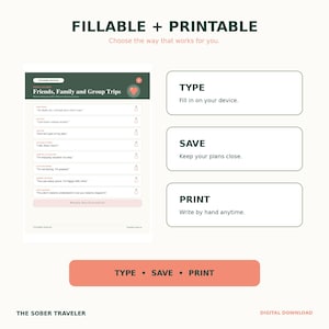 Puede incluir: Un documento digital rellenable e imprimible titulado The Sober Traveler, que incluye una secci&oacute;n para amigos, familia y viajes en grupo con casillas de verificaci&oacute;n. Incluye instrucciones para escribir en un dispositivo, guardar y imprimir.