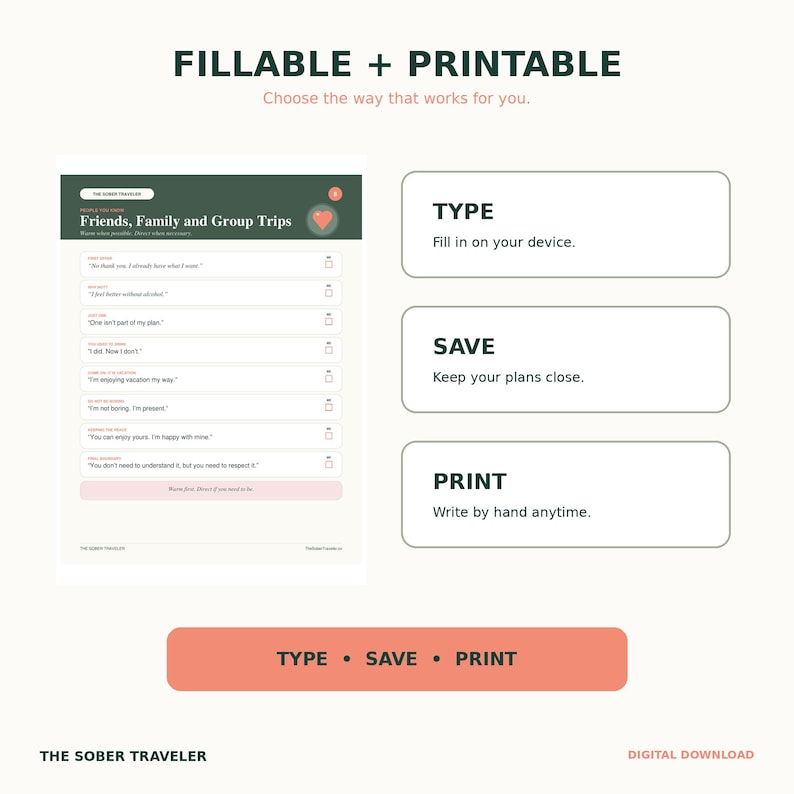 Puede incluir: Un documento digital rellenable e imprimible titulado The Sober Traveler, que incluye una secci&oacute;n para amigos, familia y viajes en grupo con casillas de verificaci&oacute;n. Incluye instrucciones para escribir en un dispositivo, guardar y imprimir.
