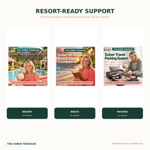 May include: Three digital guide covers titled The Sober Traveler: Sober All-Inclusive Secrets, Sober All-Inclusive Beach Day Companion, and Sober Travel Packing System. Each guide features text, page counts, and format details for travel planning.