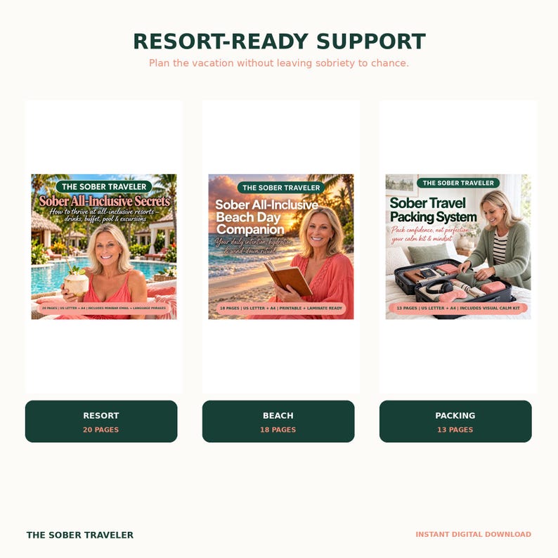 May include: Three digital guide covers titled The Sober Traveler: Sober All-Inclusive Secrets, Sober All-Inclusive Beach Day Companion, and Sober Travel Packing System. Each guide features text, page counts, and format details for travel planning.