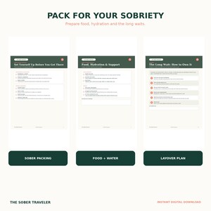 May include: A digital guide titled PACK FOR YOUR SOBRIETY featuring three pages: Set Yourself Up Before You Get There, Food, Hydration & Support, and The Long Wait: How to Own It. Below are three dark green buttons labeled SOBER PACKING, FOOD + WATER, and LAYOVER PLAN.