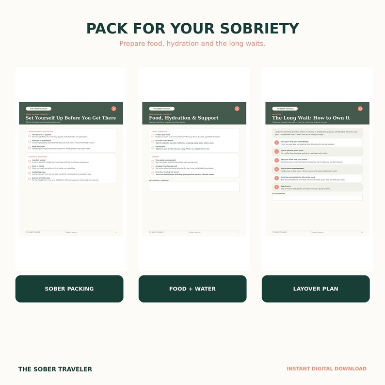 May include: A digital guide titled PACK FOR YOUR SOBRIETY featuring three pages: Set Yourself Up Before You Get There, Food, Hydration & Support, and The Long Wait: How to Own It. Below are three dark green buttons labeled SOBER PACKING, FOOD + WATER, and LAYOVER PLAN.