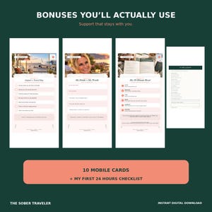 May include: A digital product display featuring four vertical mobile cards and a checklist titled My First 24 Hours. The cards include sections for Airport + Travel Day, My Drink + My Words, and My 10-Minute Reset, with text, checkboxes, and imagery.