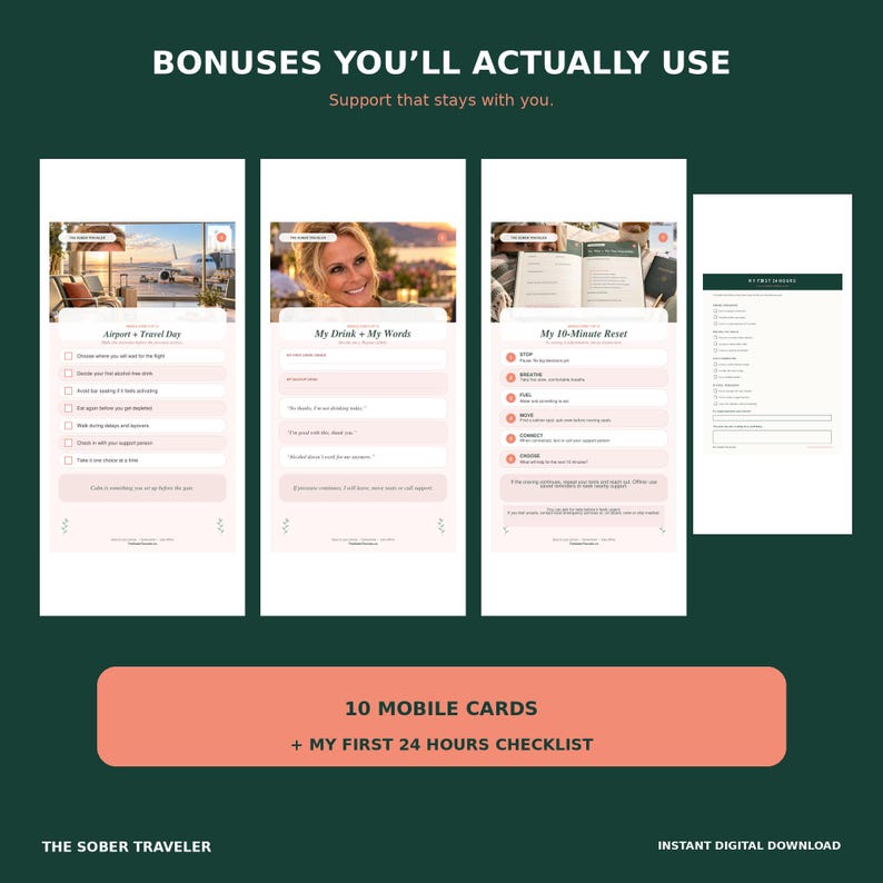 May include: A digital product display featuring four vertical mobile cards and a checklist titled My First 24 Hours. The cards include sections for Airport + Travel Day, My Drink + My Words, and My 10-Minute Reset, with text, checkboxes, and imagery.