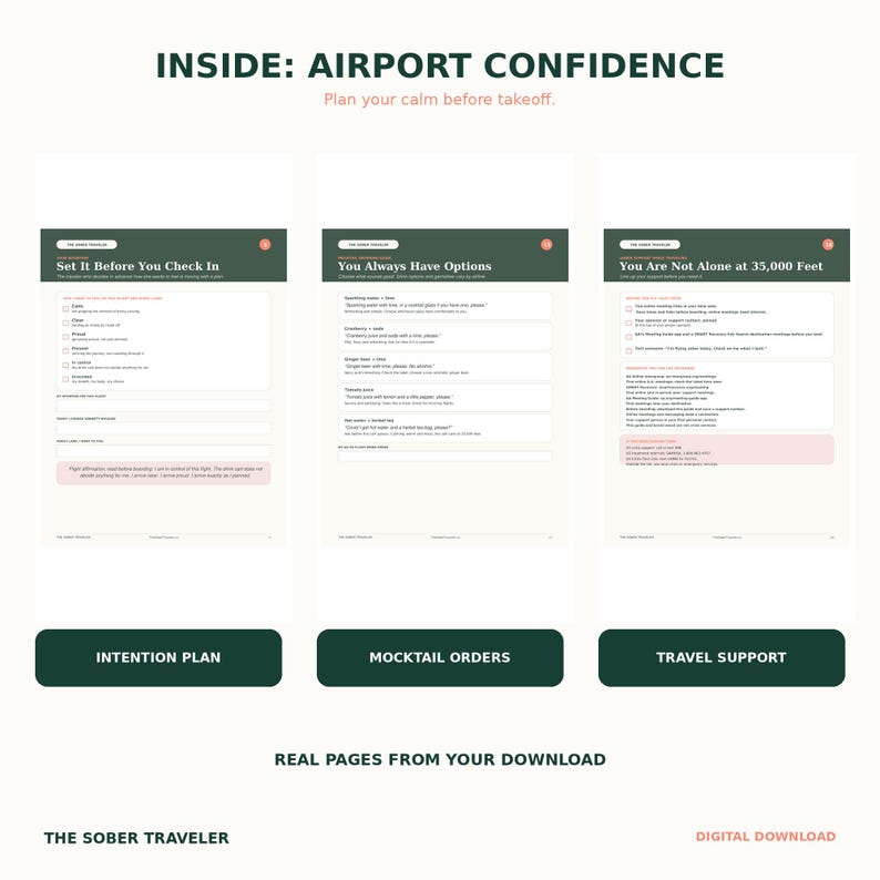 Puede incluir: Tres p&aacute;ginas digitales de la gu&iacute;a The Sober Traveler tituladas Inside: Airport Confidence. Las p&aacute;ginas incluyen listas de verificaci&oacute;n y sugerencias para la planificaci&oacute;n de viajes, opciones de c&oacute;cteles sin alcohol y recursos de apoyo.