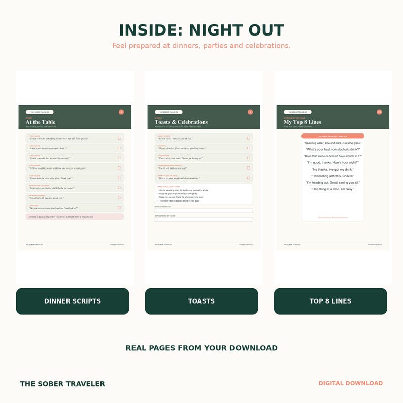 Puede incluir: Tres p&aacute;ginas digitales tituladas Inside: Night Out, At the Table, Toasts & Celebrations y My Top 8 Lines. Las p&aacute;ginas presentan encabezados de color verde oscuro, fondos blancos y listas de guiones de conversaci&oacute;n con casillas de verificaci&oacute;n.