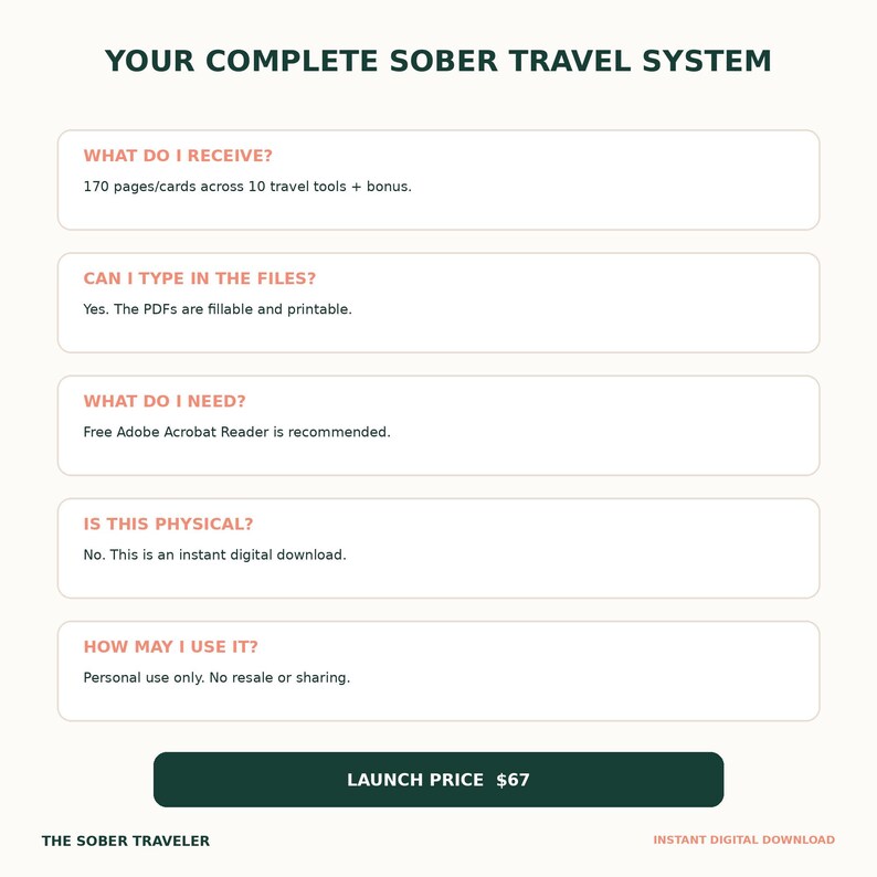 May include: A digital information graphic titled YOUR COMPLETE SOBER TRAVEL SYSTEM. It lists five sections: WHAT DO I RECEIVE? 170 pages/cards across 10 travel tools + bonus. CAN I TYPE IN THE FILES? Yes. The PDFs are fillable and printable. WHAT DO I NEED? Free Adobe Acrobat Reader is recommended. IS THIS PHYSICAL? No. This is an instant digital download. HOW MAY I USE IT? Personal use only. No resale or sharing. A dark green button reads LAUNCH PRICE $67.