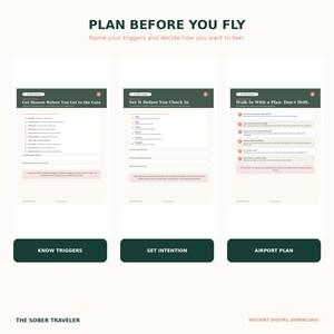 May include: Three digital planning pages titled Plan Before You Fly, featuring checklists and prompts for travelers. The pages include sections for identifying triggers, setting intentions, and creating an airport plan with dark green headers.