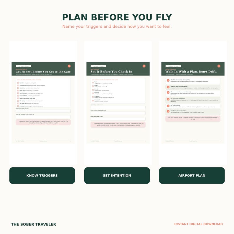May include: Three digital planning pages titled Plan Before You Fly, featuring checklists and prompts for travelers. The pages include sections for identifying triggers, setting intentions, and creating an airport plan with dark green headers.