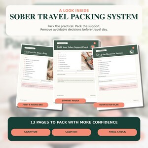 May include: A digital document titled A LOOK INSIDE SOBER TRAVEL PACKING SYSTEM featuring three checklists: The First Six Hours Bag, Build Your Sober-Support Pouch, and Set Up the Room for Success. The document includes 13 pages for travel planning.