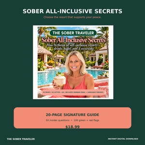 May include: A digital guide titled The Sober Traveler: Sober All-Inclusive Secrets, How to thrive at all-inclusive resorts – drinks, buffet, pool & excursions. The cover features a person holding a coconut drink by a pool. Includes 20 pages, US Letter and A4 formats, minibar email, and language phrases.