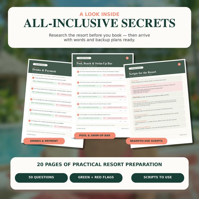 May include: A digital travel planning guide titled A LOOK INSIDE ALL-INCLUSIVE SECRETS featuring three pages of resort research questions, green and red flags, and ready-to-use scripts. The document includes 20 pages of practical resort preparation.