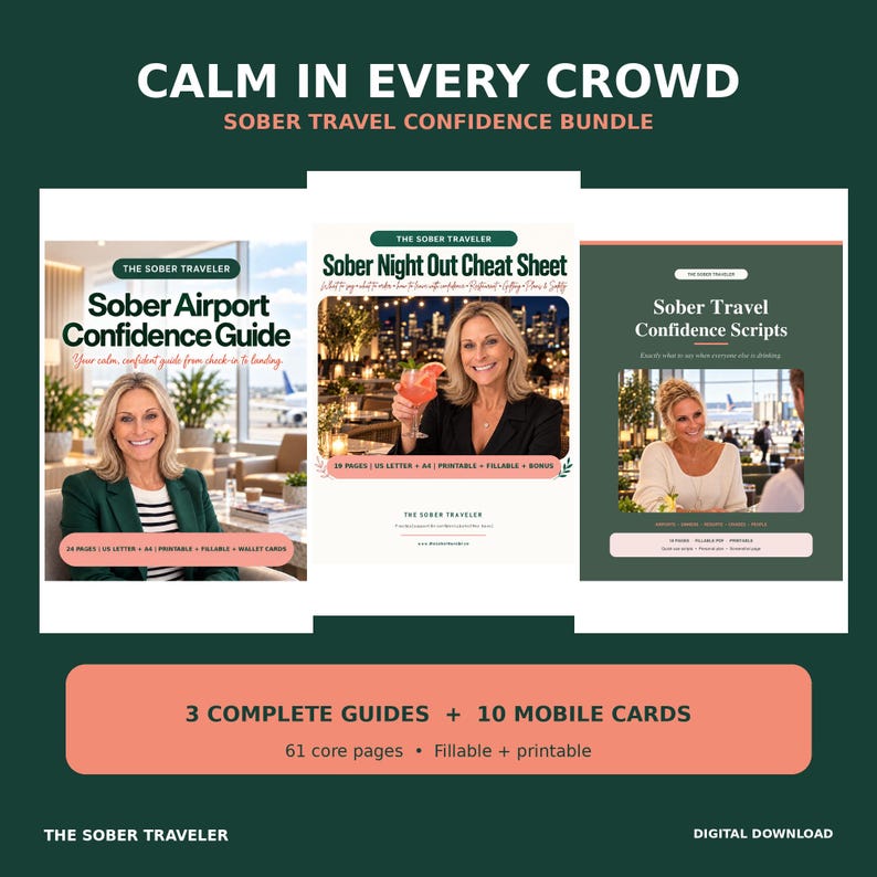 Puede incluir: Un paquete digital titulado Calm in Every Crowd Sober Travel Confidence Bundle que incluye tres gu&iacute;as: Sober Airport Confidence Guide, Sober Night Out Cheat Sheet y Sober Travel Confidence Scripts. Contiene 61 p&aacute;ginas principales y 10 tarjetas m&oacute;viles.