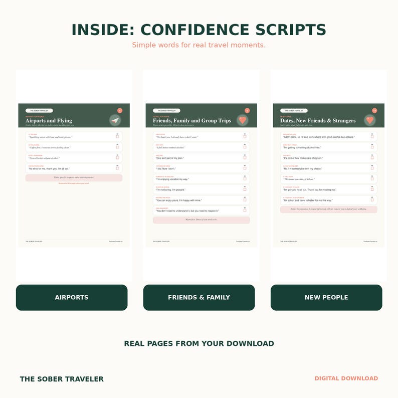 Puede incluir: Una descarga digital titulada INSIDE: CONFIDENCE SCRIPTS que presenta tres p&aacute;ginas de guiones de viaje para aeropuertos, amigos, familia y nuevas personas. Las p&aacute;ginas son de color verde oscuro y crema con texto impreso.
