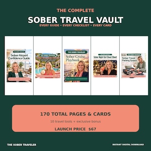 May include: A digital collection titled The Complete Sober Travel Vault featuring five guides: Sober Airport Confidence Guide, Sober All-Inclusive Secrets, Sober Cruise Playbook, Sober Night Out Cheat Sheet, and Sober Travel Packing System with 170 pages.