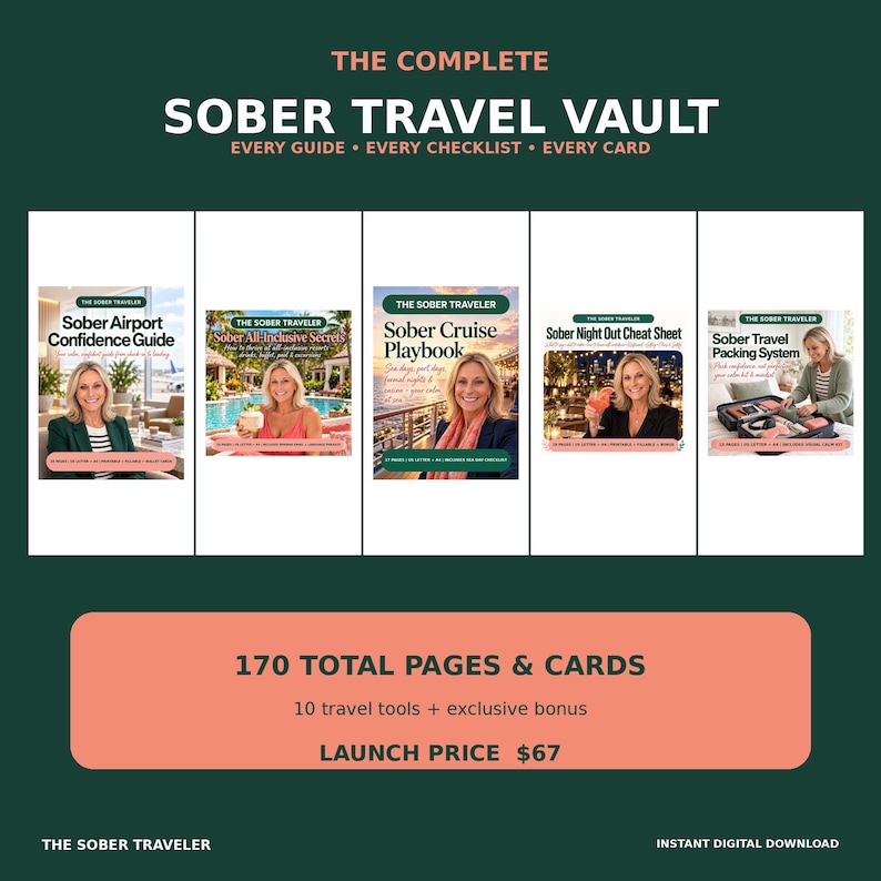 May include: A digital collection titled The Complete Sober Travel Vault featuring five guides: Sober Airport Confidence Guide, Sober All-Inclusive Secrets, Sober Cruise Playbook, Sober Night Out Cheat Sheet, and Sober Travel Packing System with 170 pages.