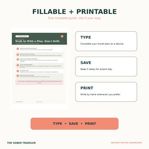 May include: A digital travel guide titled The Sober Traveler with the text Fillable + Printable. It features a six-step plan for airport navigation, with instructions to Type, Save, and Print. The layout uses dark green, light green, and peach accents.