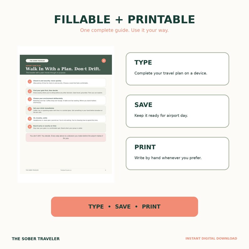 May include: A digital travel guide titled The Sober Traveler with the text Fillable + Printable. It features a six-step plan for airport navigation, with instructions to Type, Save, and Print. The layout uses dark green, light green, and peach accents.