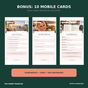 Puede incluir: Un conjunto digital de 10 tarjetas m&oacute;viles titulado The Sober Traveler, que presenta tres plantillas verticales con listas de verificaci&oacute;n y avisos para Airport Travel Day, My Drink My Words y My 10-Minute Reset, sobre un fondo verde oscuro.