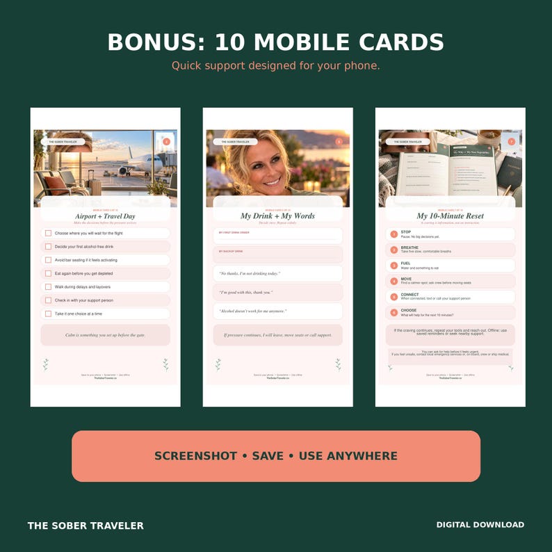 Puede incluir: Un conjunto digital de 10 tarjetas m&oacute;viles titulado The Sober Traveler, que presenta tres plantillas verticales con listas de verificaci&oacute;n y avisos para Airport Travel Day, My Drink My Words y My 10-Minute Reset, sobre un fondo verde oscuro.