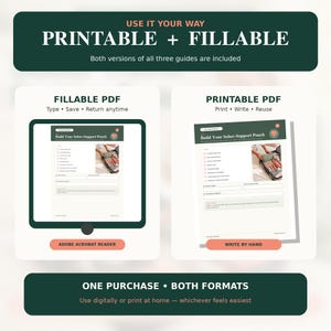 May include: A digital product display featuring a fillable PDF and a printable PDF guide titled Build Your Sober-Support Pouch. The graphic includes text labels for Adobe Acrobat Reader and Write By Hand, with a dark green header and footer.