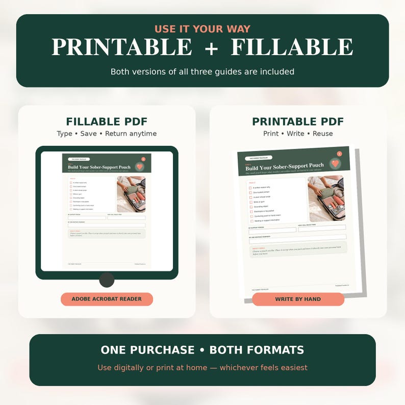 May include: A digital product display featuring a fillable PDF and a printable PDF guide titled Build Your Sober-Support Pouch. The graphic includes text labels for Adobe Acrobat Reader and Write By Hand, with a dark green header and footer.